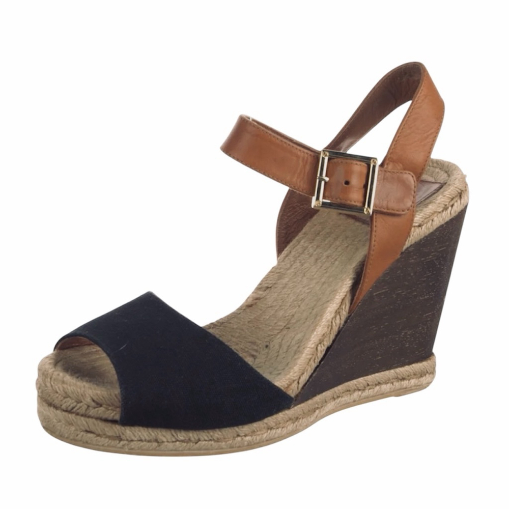 Tory Burch Tan Black Espadrille Wedge Sandals Ankle Strap Womens 9 Vacation Boho